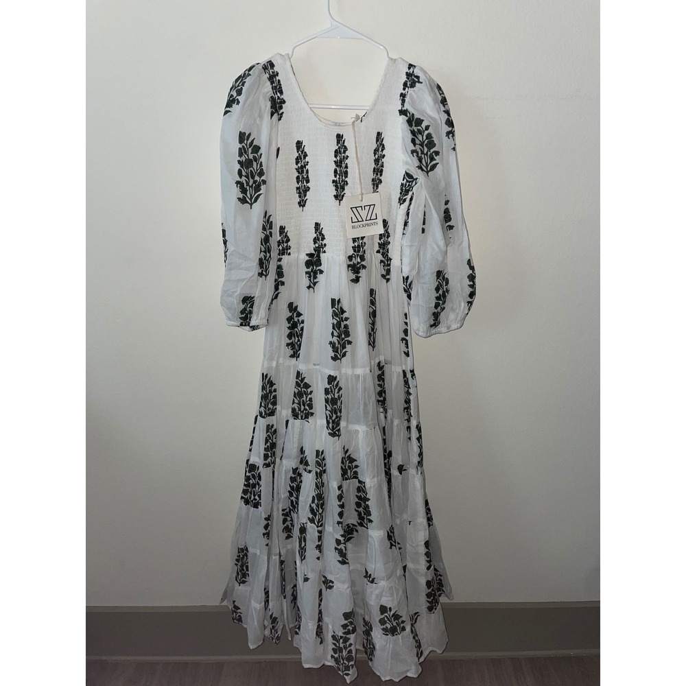 SZ Blockprints Yuva Maxi Dress White Black Floral Smocked Puff Sleeve Small NWT - Picture 2 of 4